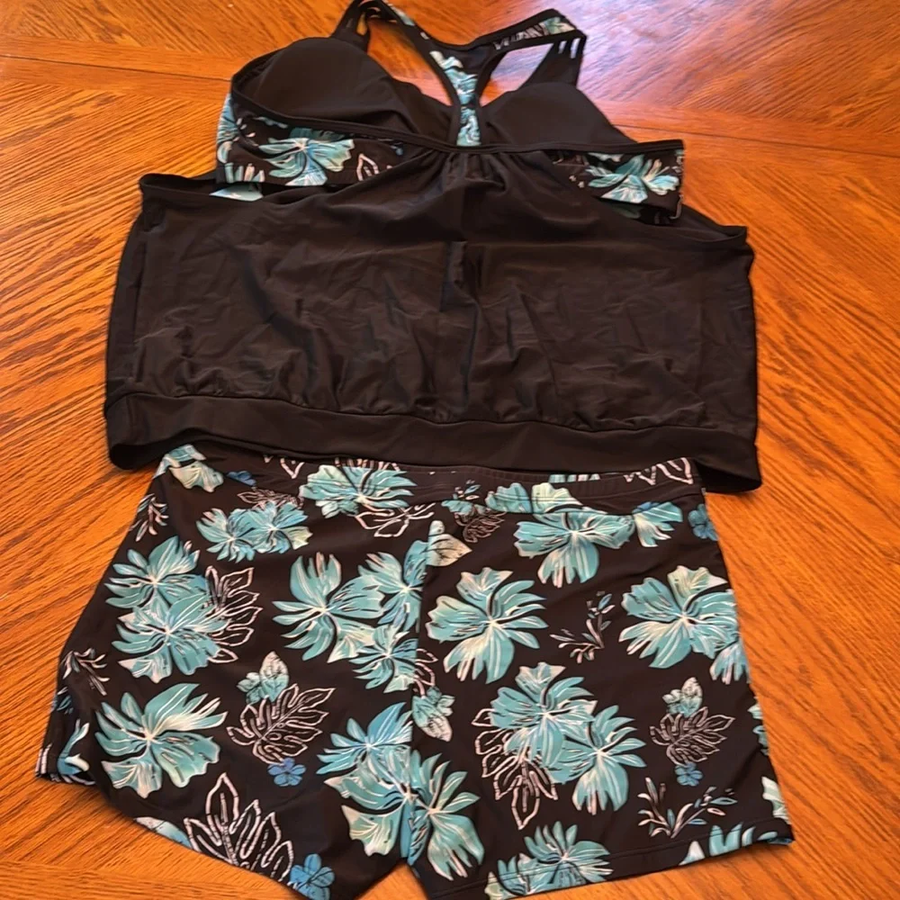 Black Tankini Top with Blue Floral Accent Swim Set for Women